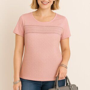 Croft & Barrow Women's Pink Top Plus 1X Lacy Short Sleeve Knit Feminine Pastel